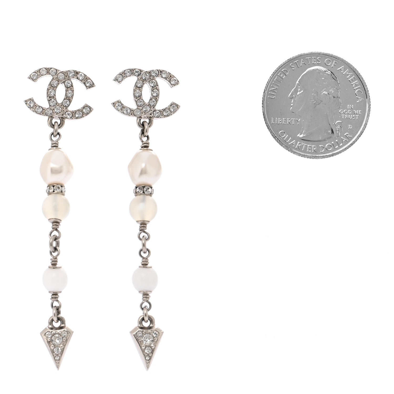 Chanel Crystal Pearl Bead CC Drop Earrings Silver White 2 of 5