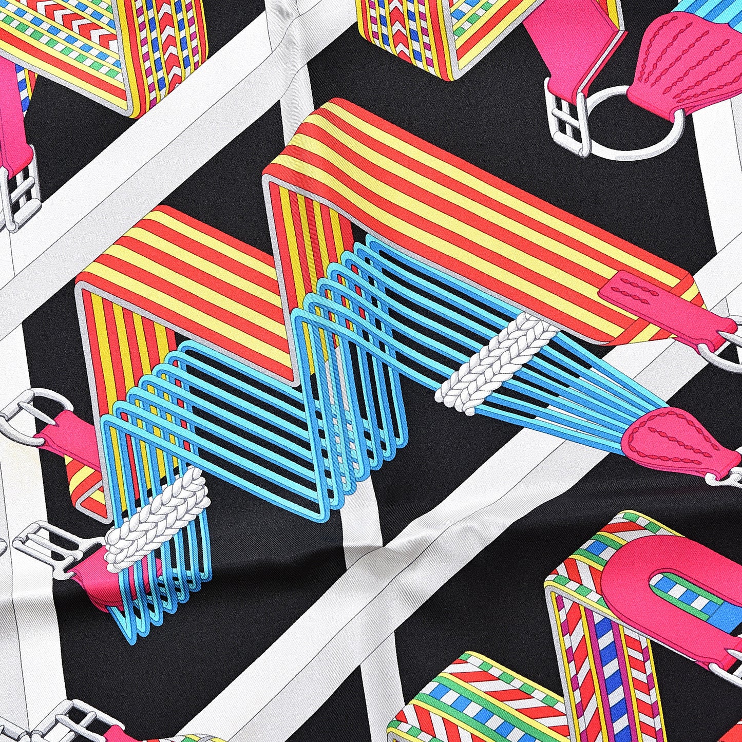 Silk Sangles En Zigzag Scarf 90 Blanc Turquoise Fuchsia
