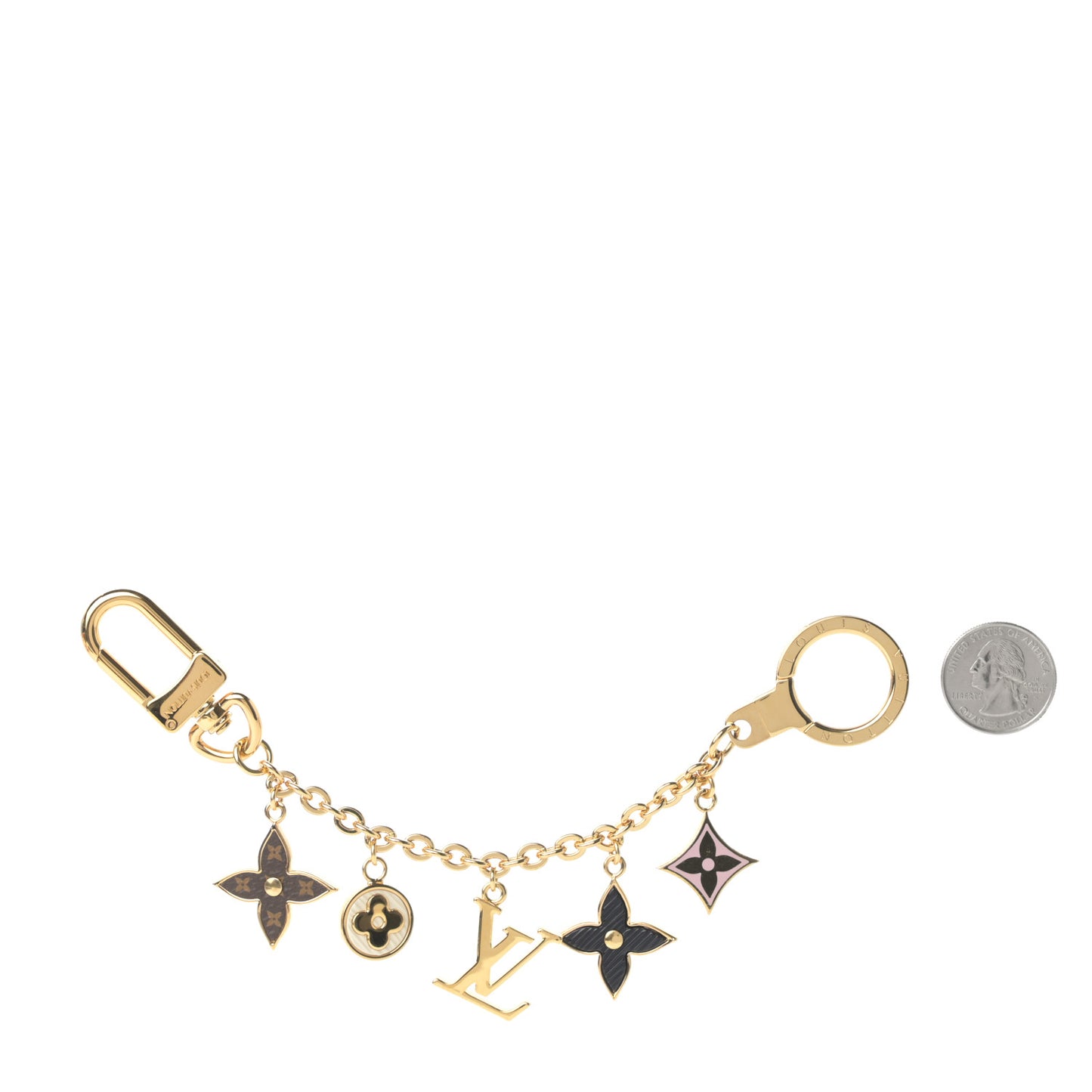 Brass Enamel Fleur De Monogram Bag Charm Chain Gold