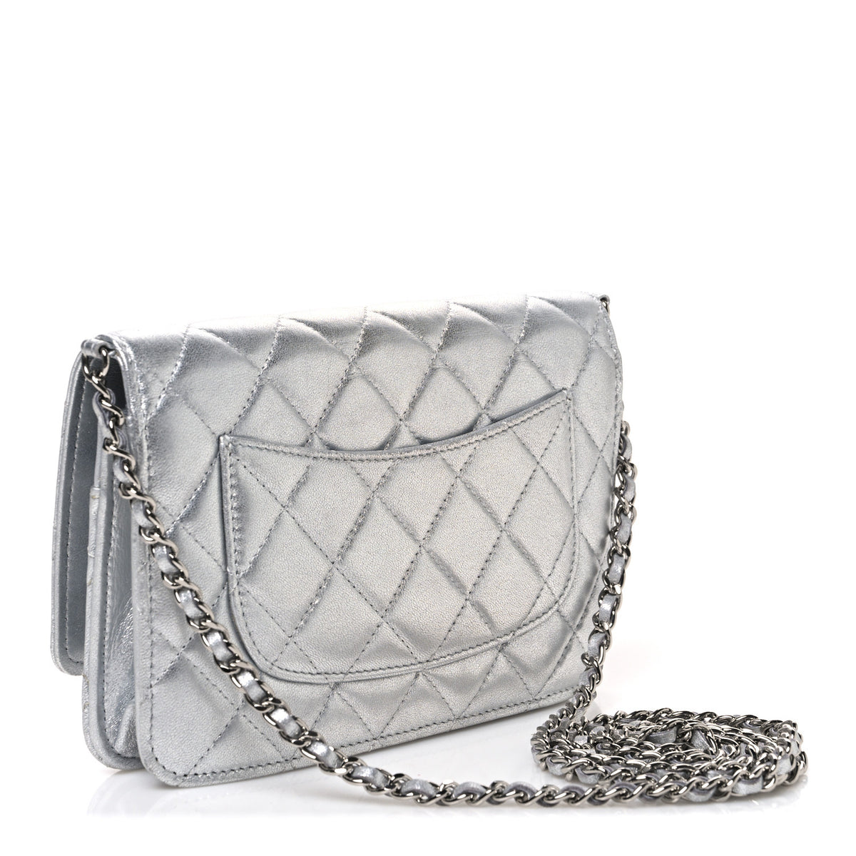 Metallic Lambskin Quilted Wallet On Chain WOC Silver