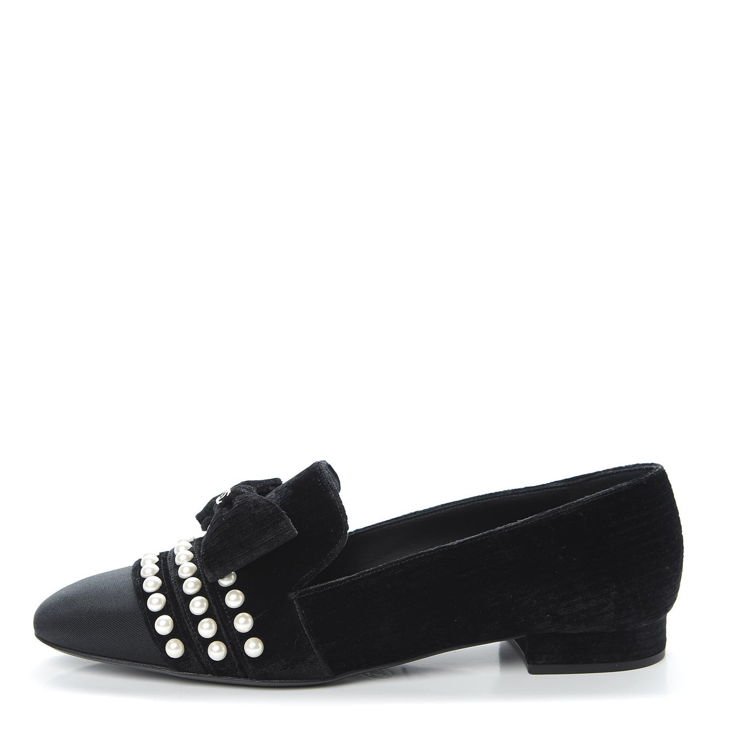 Velvet Grosgrain Pearls Moccasin Loafers 40 Black