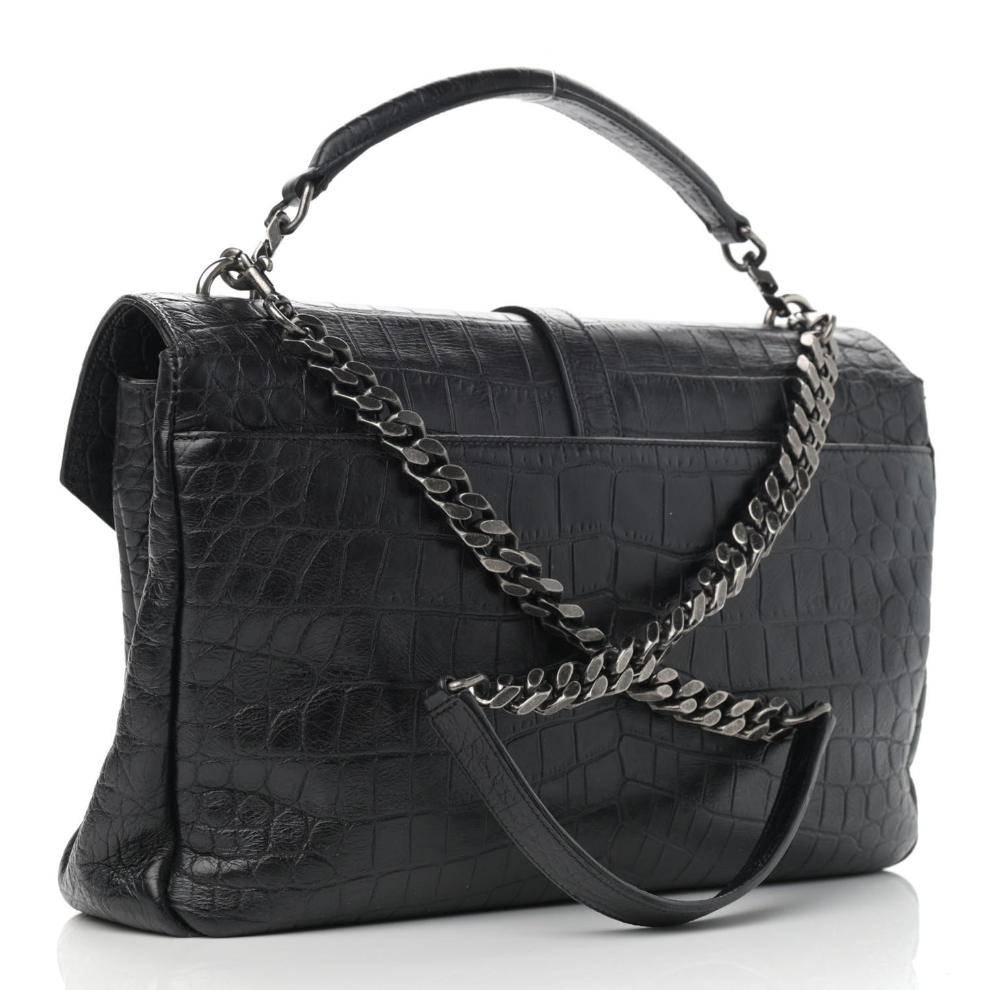 Calfskin Crocodile Embossed Monogram Large College Satchel Black
