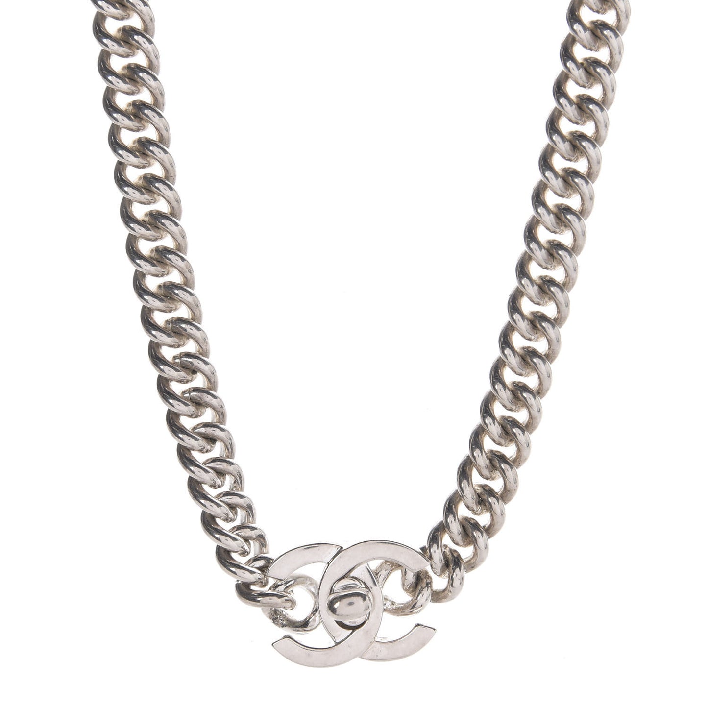 Chain Link CC Turn Lock Choker Necklace Silver