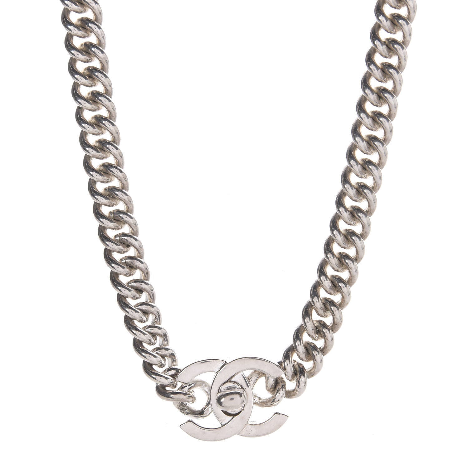 Chanel Chain Link CC Turn Lock Choker Necklace Silver 1 of 3