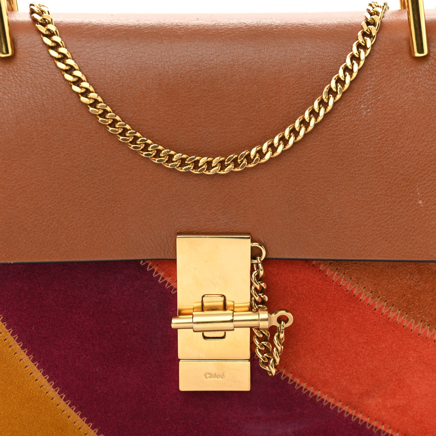 Calfskin Suede Rainbow Patchwork Drew Shoulder Bag Caramel