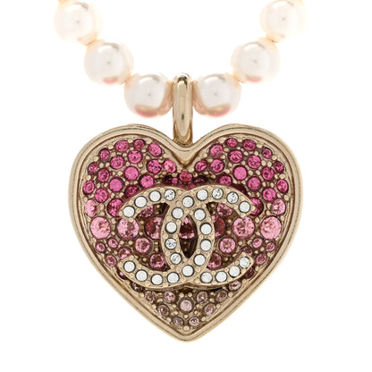 Chanel Pearl Crystal Resin CC Heart Short Necklace Pink Gold White 4 of 8