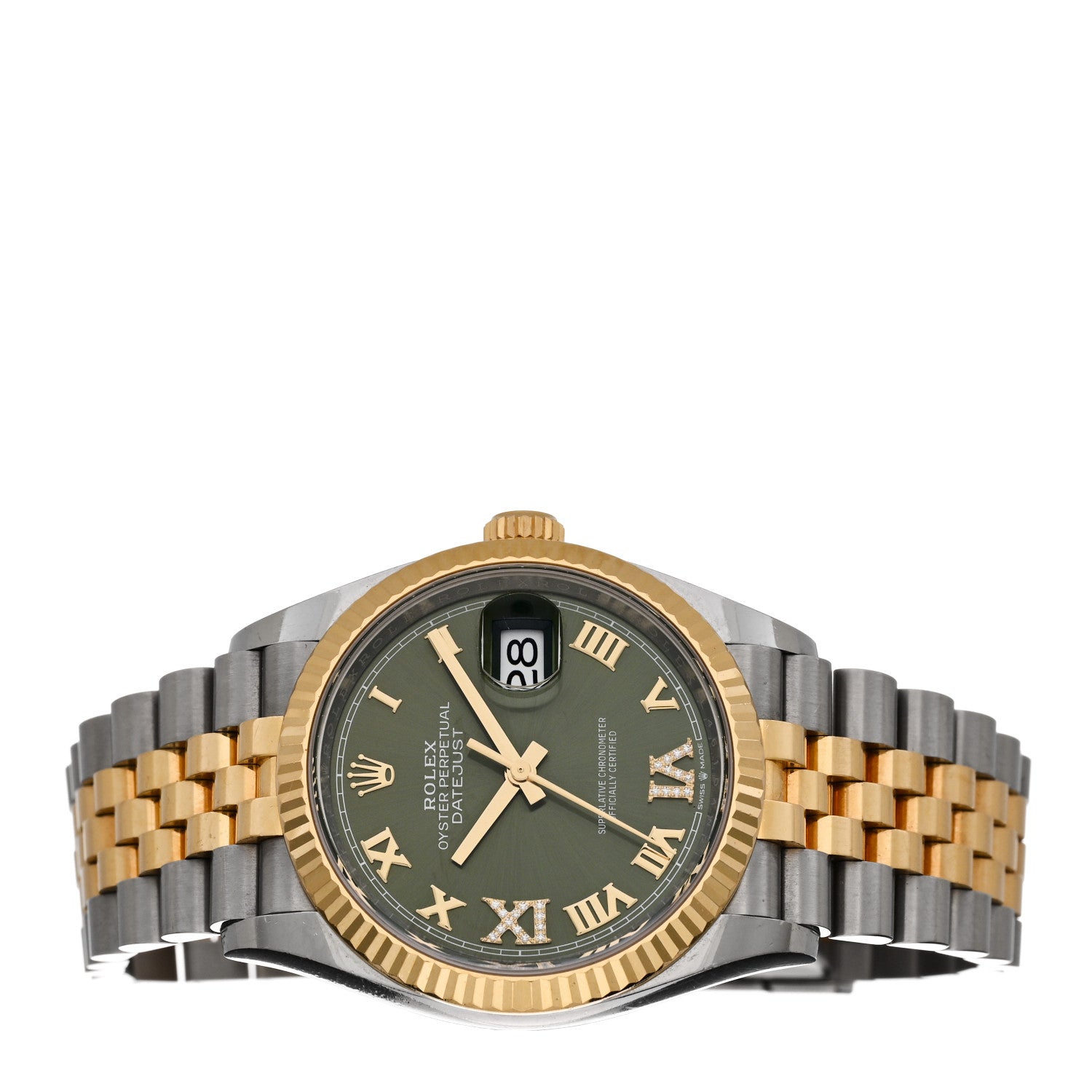 Rolex Stainless Steel 18K Yellow Gold Diamond 36mm Oyster Perpetual Datejust Watch Olive Green Roman 126233 2 of 5