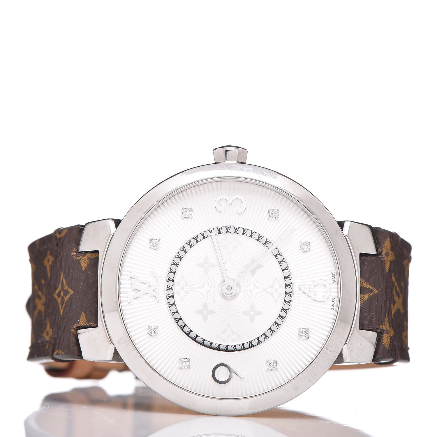 Louis Vuitton Stainless Steel Monogram Diamond 33mm Tambour Slim Quartz Watch 3 of 8