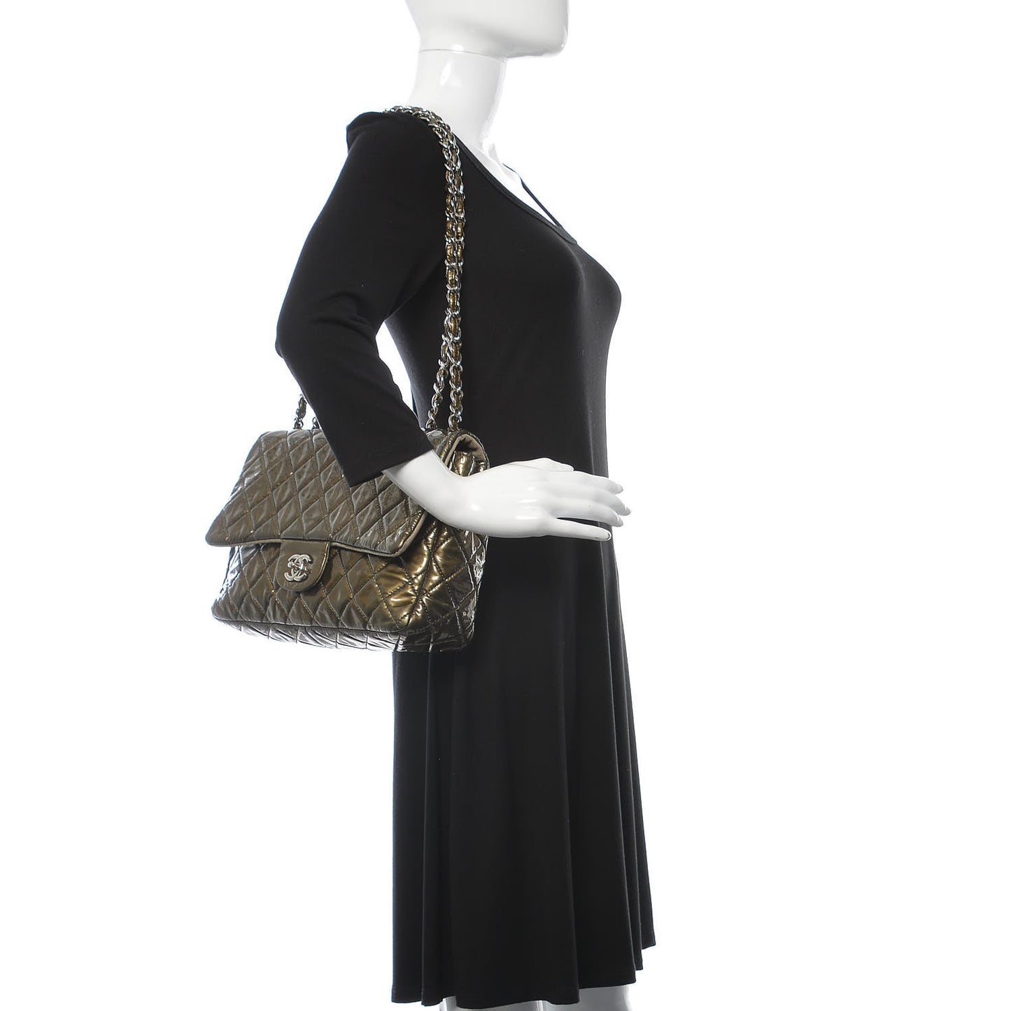 Metallic Patent Quilted Jumbo Single Flap Green