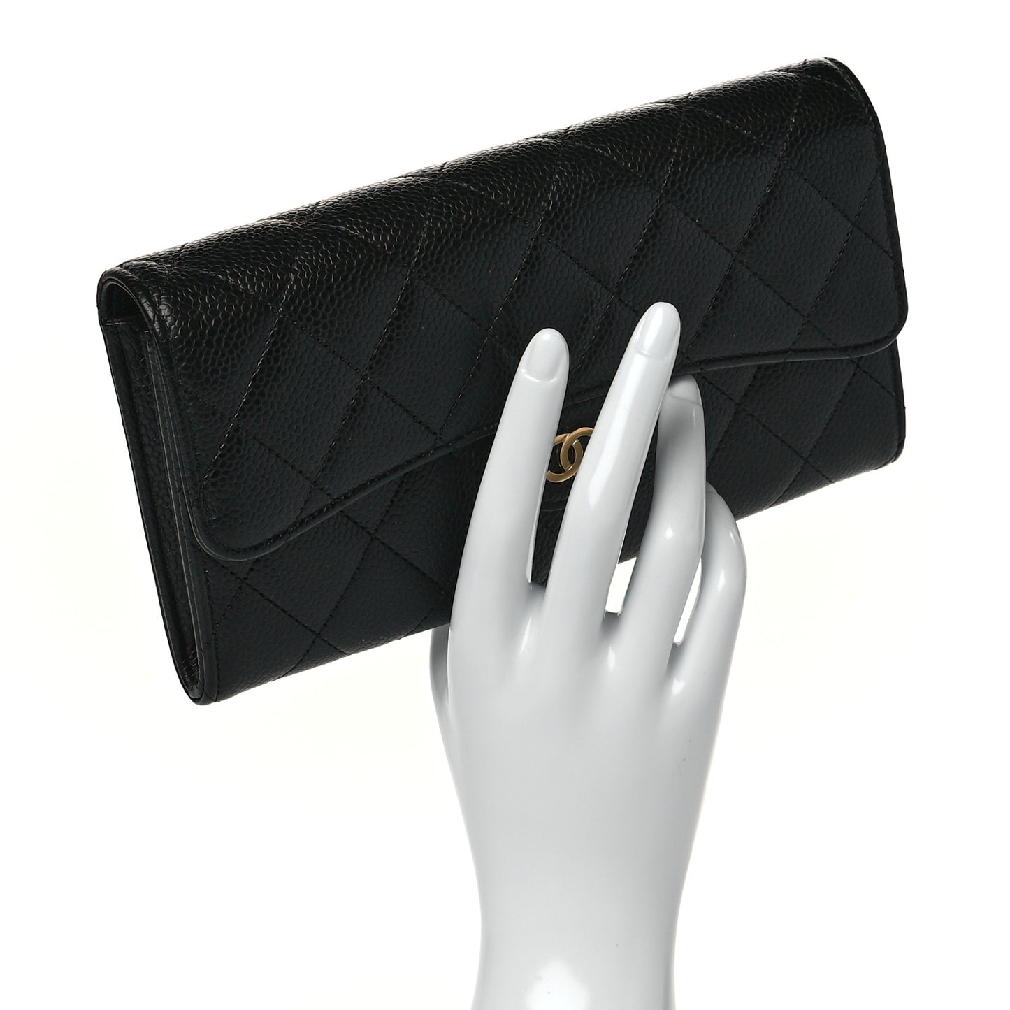 Caviar Quilted Large Gusset Flap Wallet Black