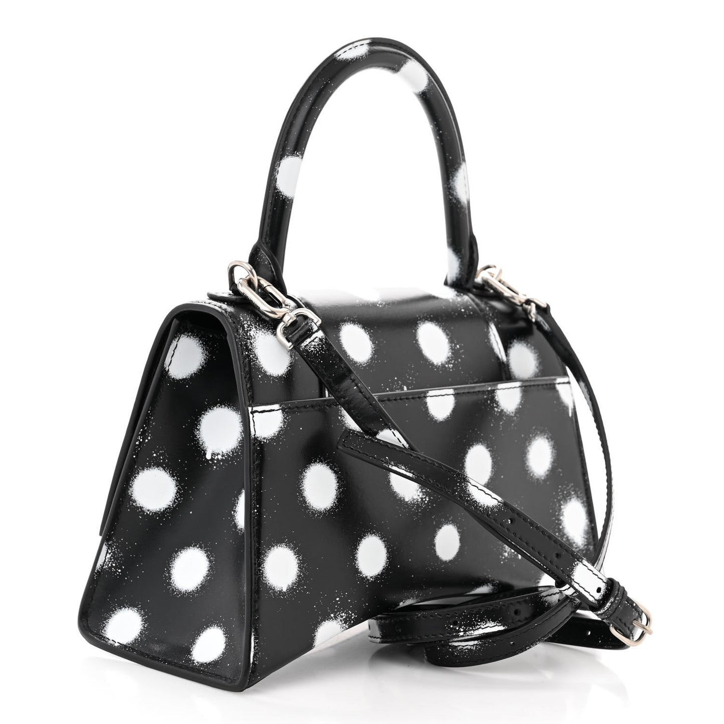 Smooth Calfskin Spray Polka Dot Small Hourglass Top Handle Bag Black White