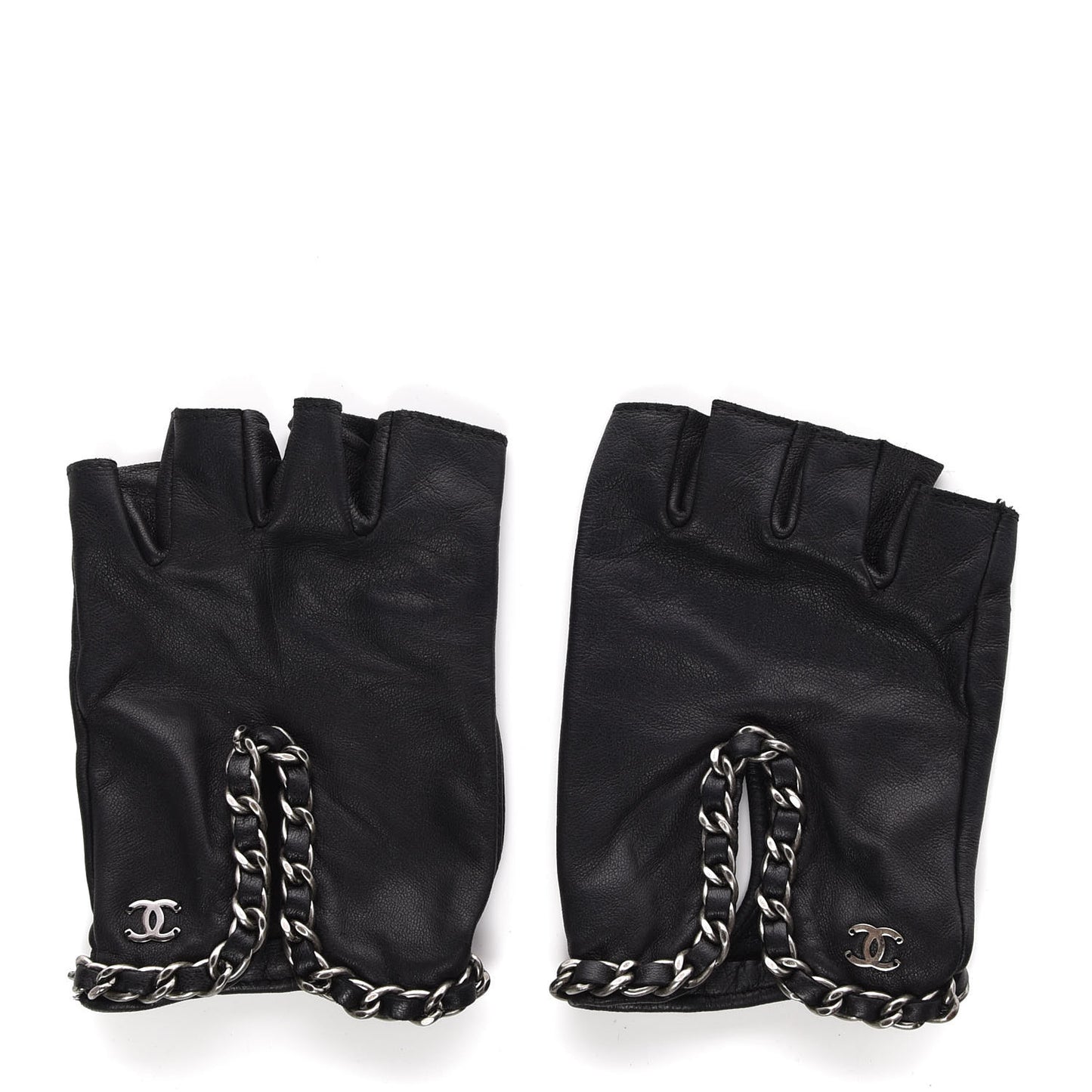 Lambskin Fingerless Chain CC Gloves 7.5 Black