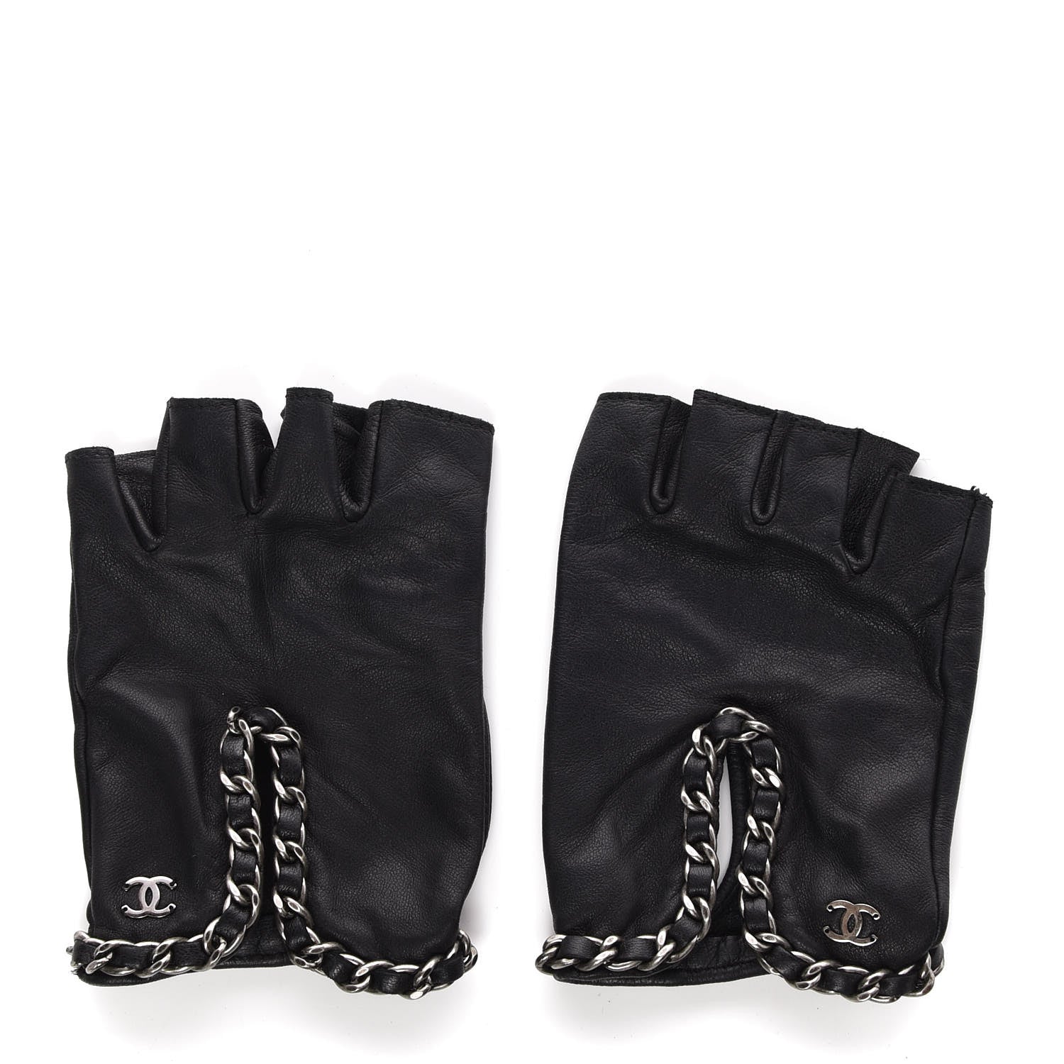 Chanel Lambskin Fingerless Chain CC Gloves 7.5 Black 1 of 7