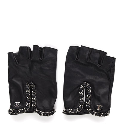 Chanel Lambskin Fingerless Chain CC Gloves 7.5 Black 1 of 7