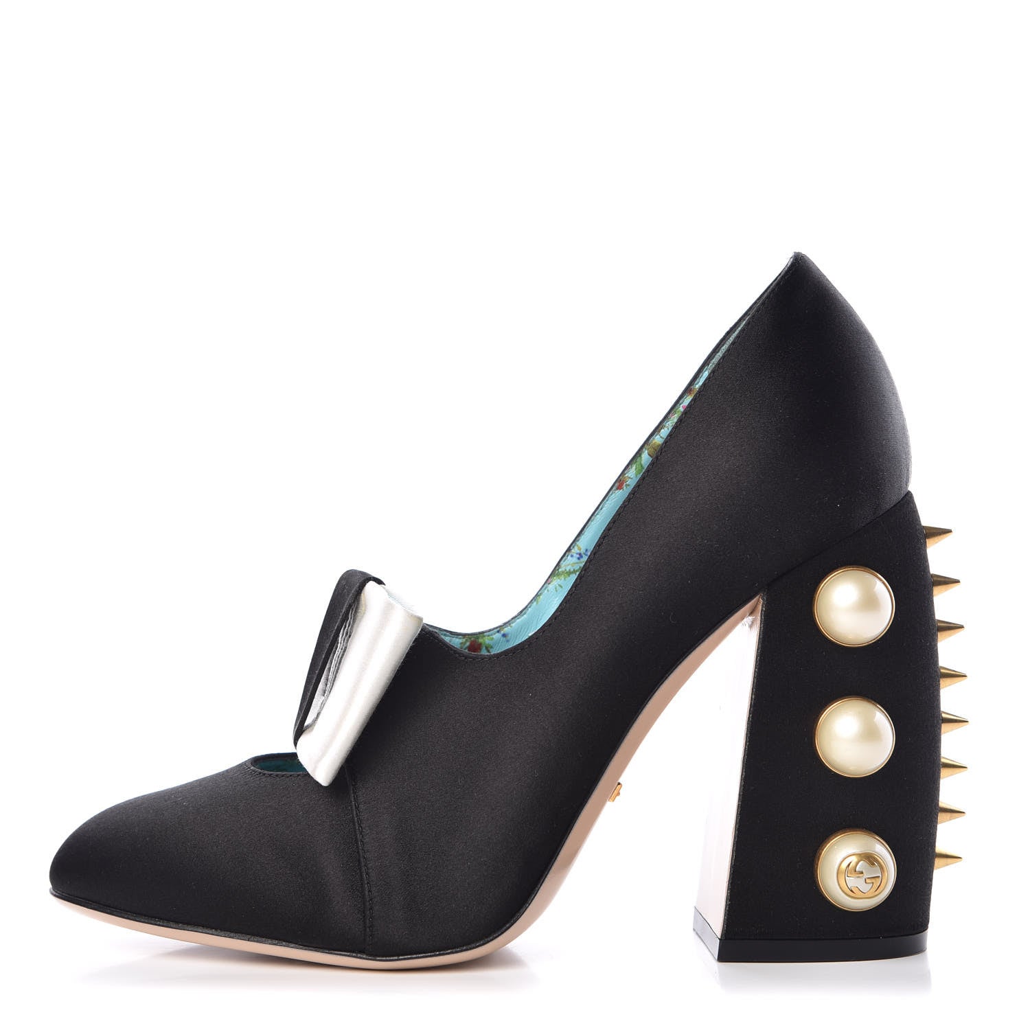 Gucci Silk Satin Pearl Studded Luna Bow Pumps 39 Black Gold Beige 1 of 12