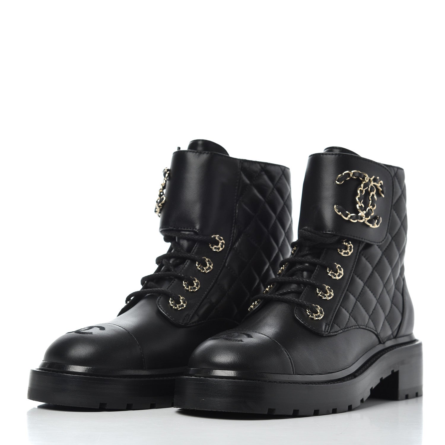 Chanel Shiny Lambskin Quilted Lace Up Combat Boots 37.5 Black 3 of 13