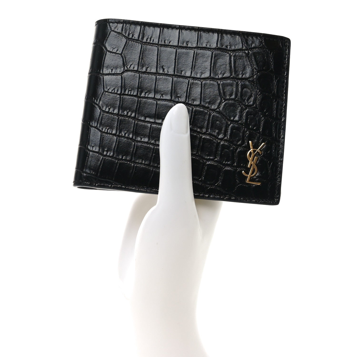 Saint Laurent Calfskin Crocodile Embossed Tiny Cassandre East West Wallet Black 2 of 7