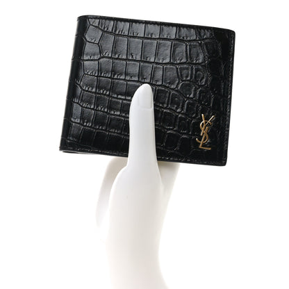 Saint Laurent Calfskin Crocodile Embossed Tiny Cassandre East West Wallet Black 2 of 7