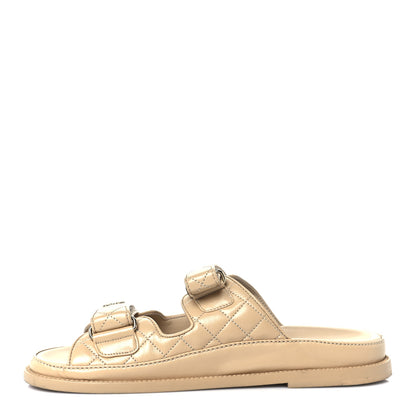 Chanel Lambskin Quilted Velcro Dad Chain CC Slide Sandals 39.5 Beige 1 of 9