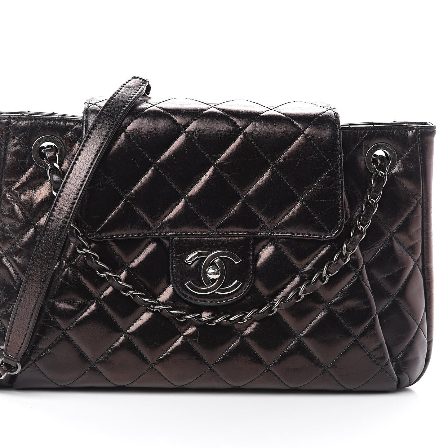 Glazed Calfskin Quilted Accordion Flap Black