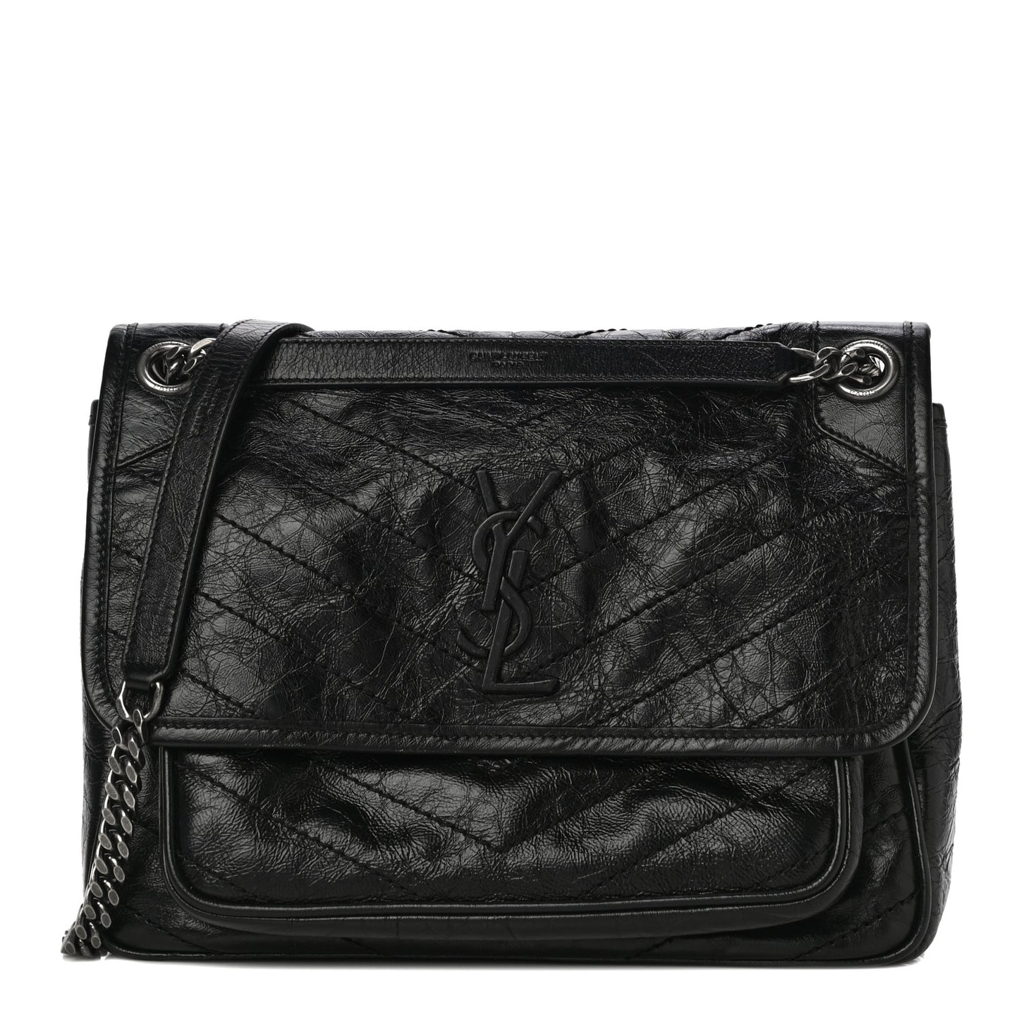 Crinkled Calfskin Matelasse Monogram Medium Niki Chain Satchel Black