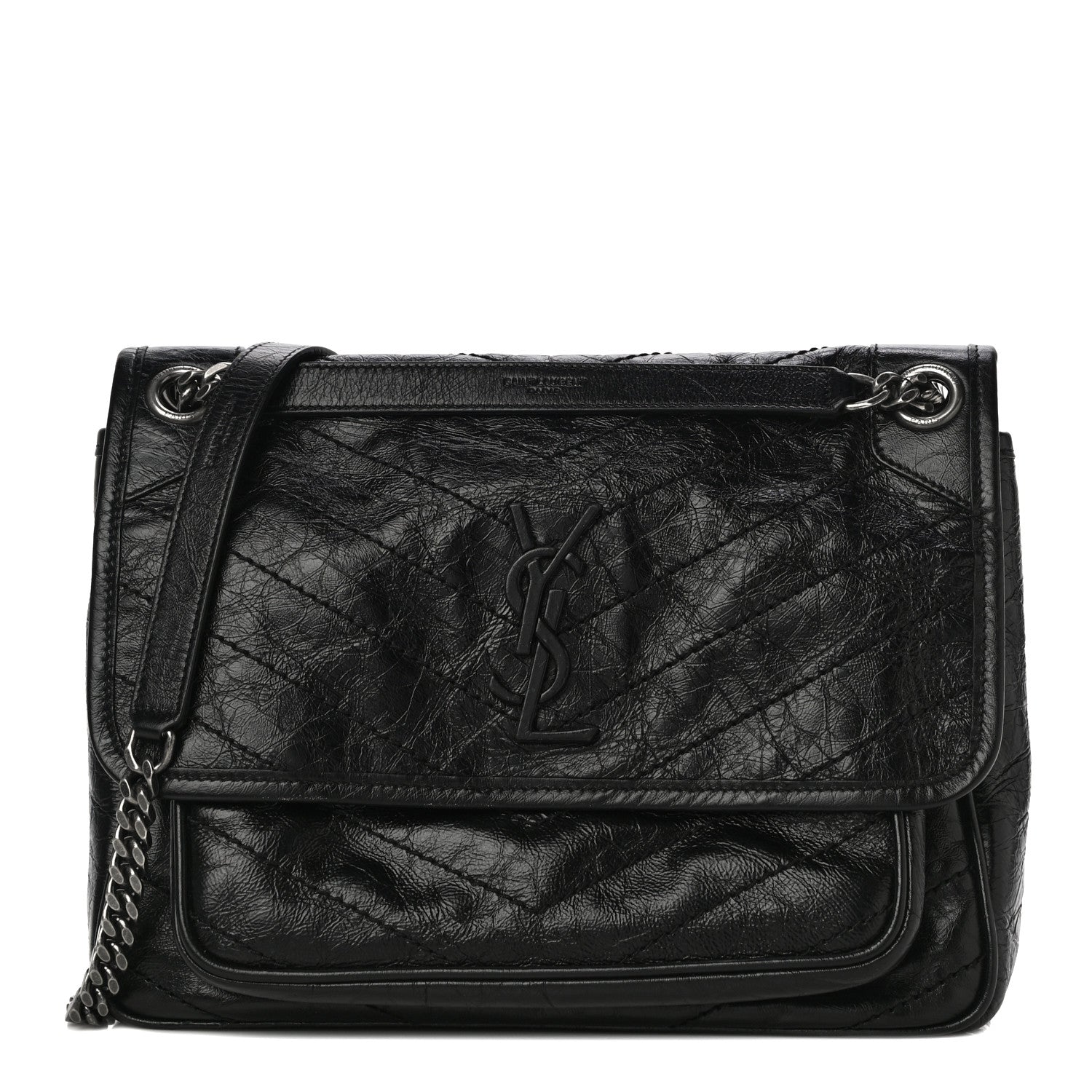 Saint Laurent Crinkled Calfskin Matelasse Monogram Medium Niki Chain Satchel Black 1 of 15