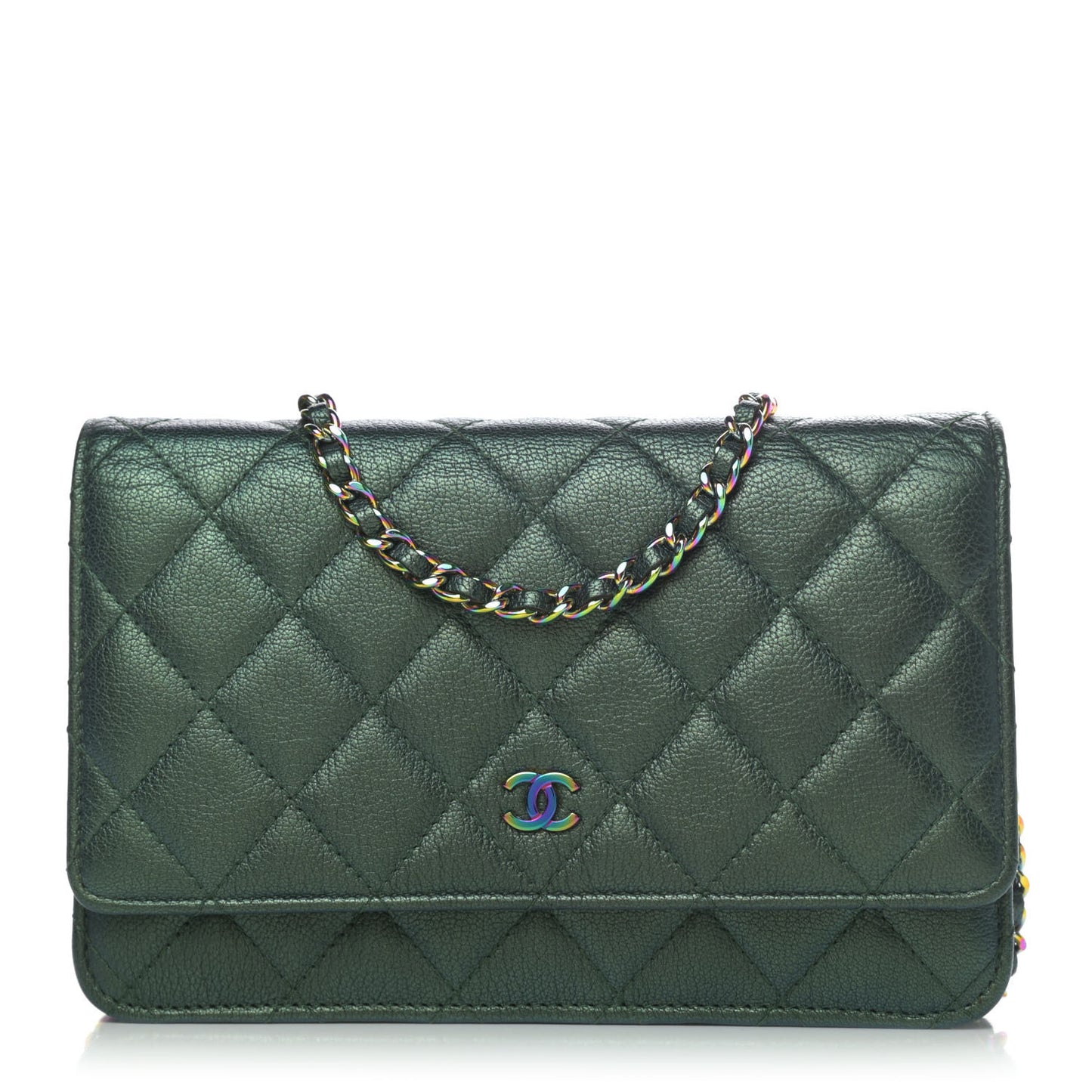 Iridescent Goatskin Quilted Wallet On Chain WOC Green