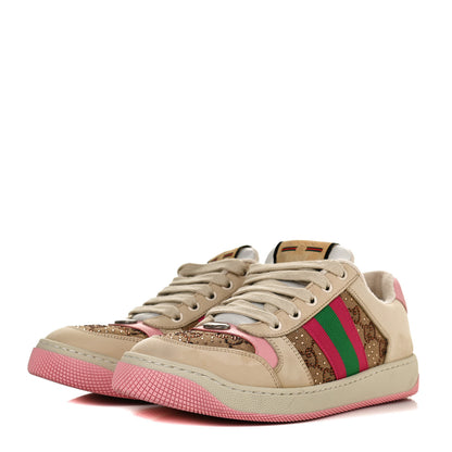 Gucci New GG Monogram Nubuck Web Crystal Embellished Womens Screener Sneakers 38 Camel Ebony Wild Rose 1 of 12