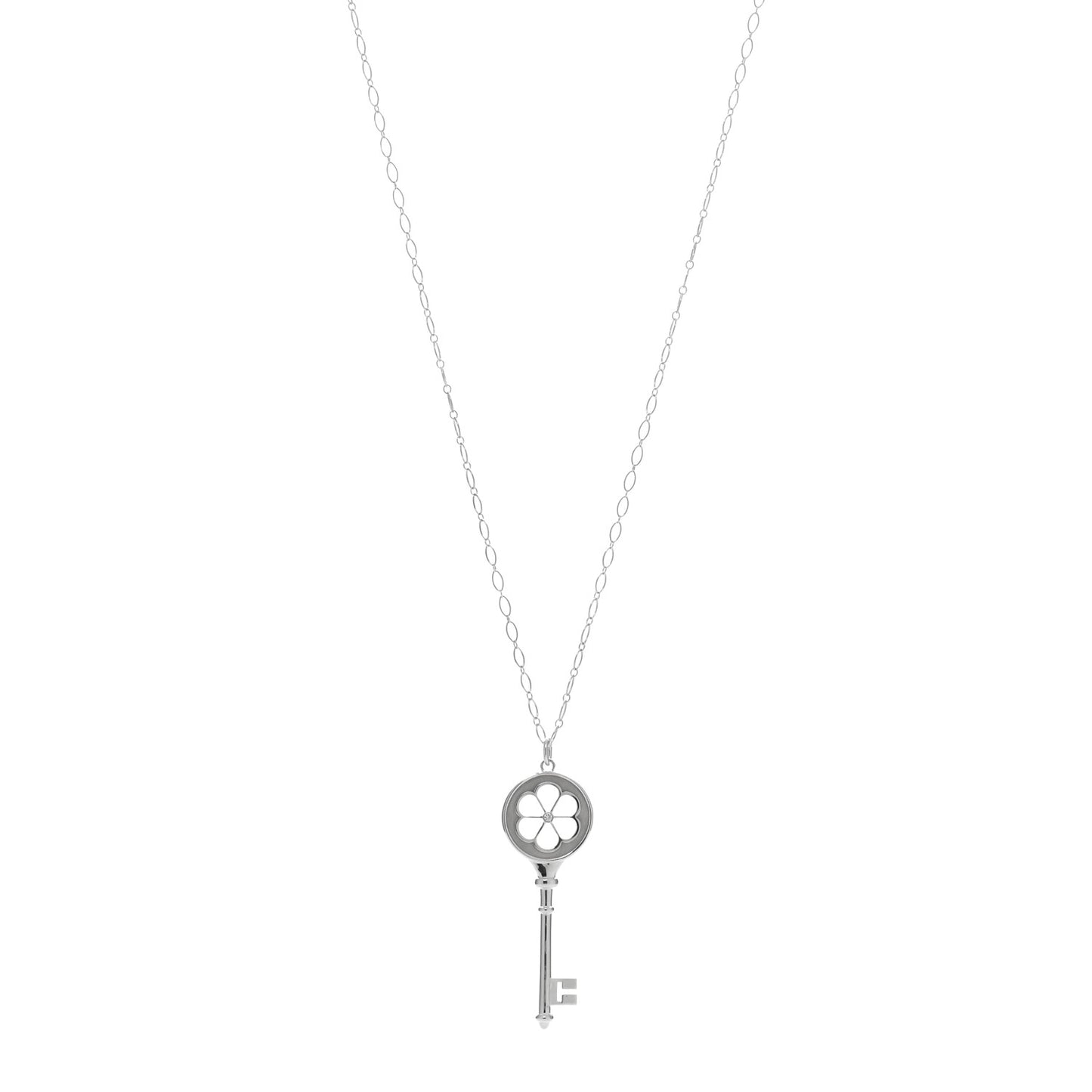 Sterling Silver Diamond Blossom Key Pendant Oval Link Chain Necklace 30"