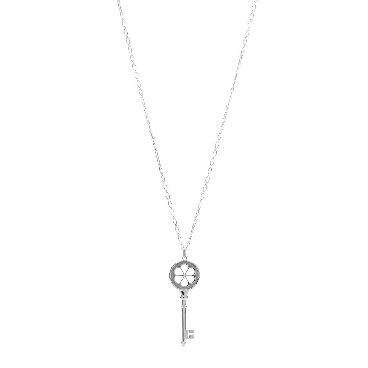 Tiffany Sterling Silver Diamond Blossom Key Pendant Oval Link Chain Necklace 30" 1 of 5