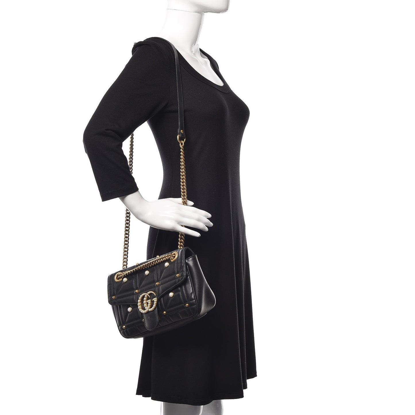 Calfskin Matelasse Studded Small Pearly GG Marmont Shoulder Bag Black