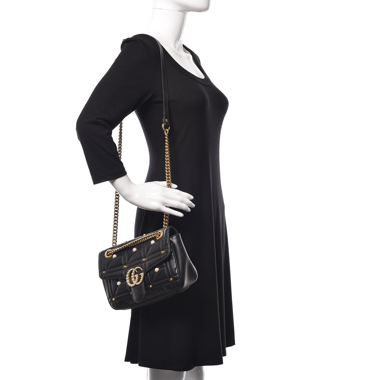 Gucci Calfskin Matelasse Studded Small Pearly GG Marmont Shoulder Bag Black 2 of 15