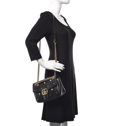 Gucci Calfskin Matelasse Studded Small Pearly GG Marmont Shoulder Bag Black 2 of 15