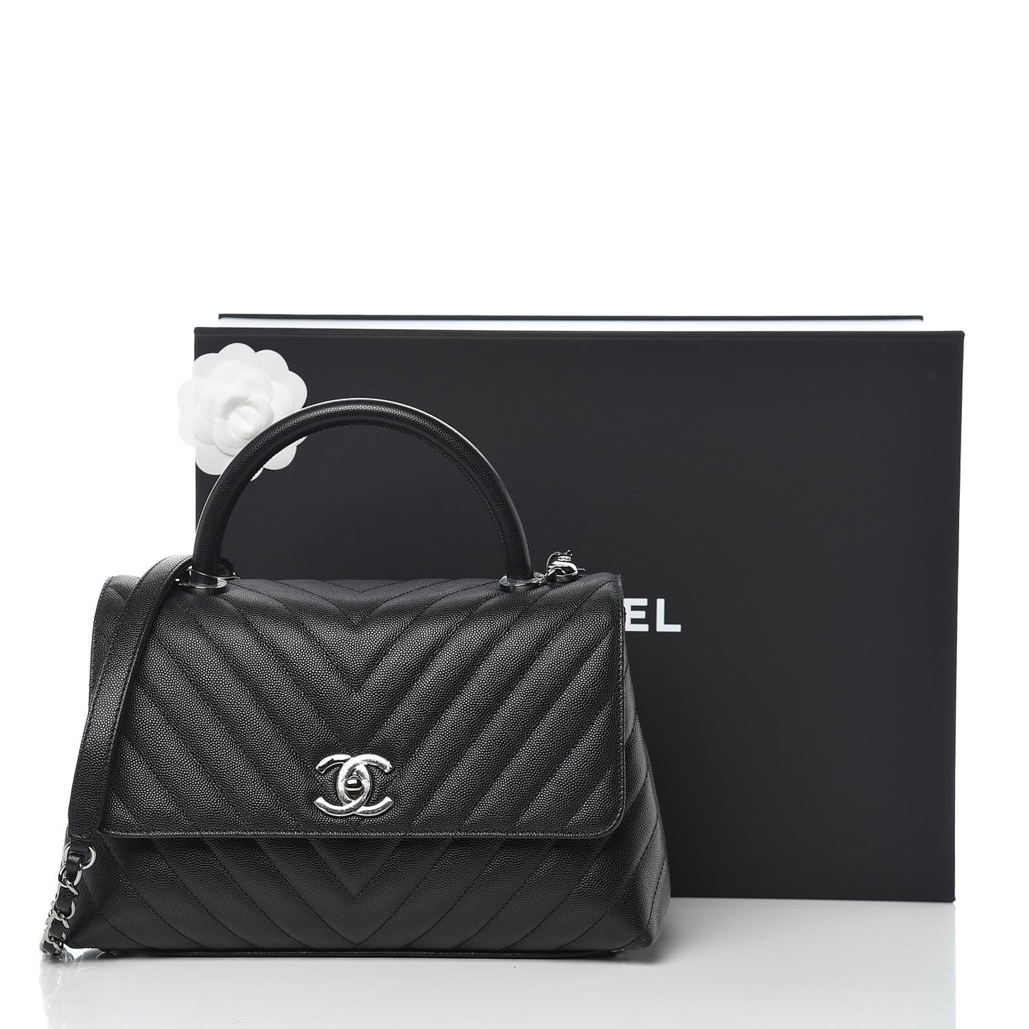 Caviar Chevron Quilted Small Coco Handle Flap Black