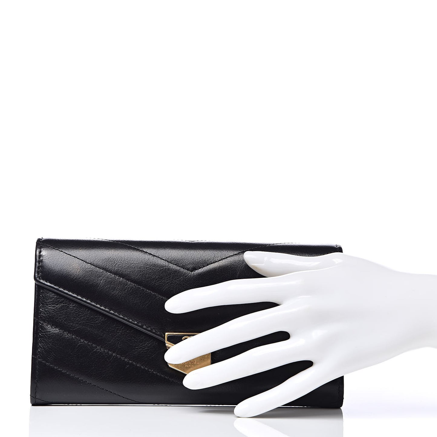 Calfskin Chevron Quilted Medal Flap Wallet Black