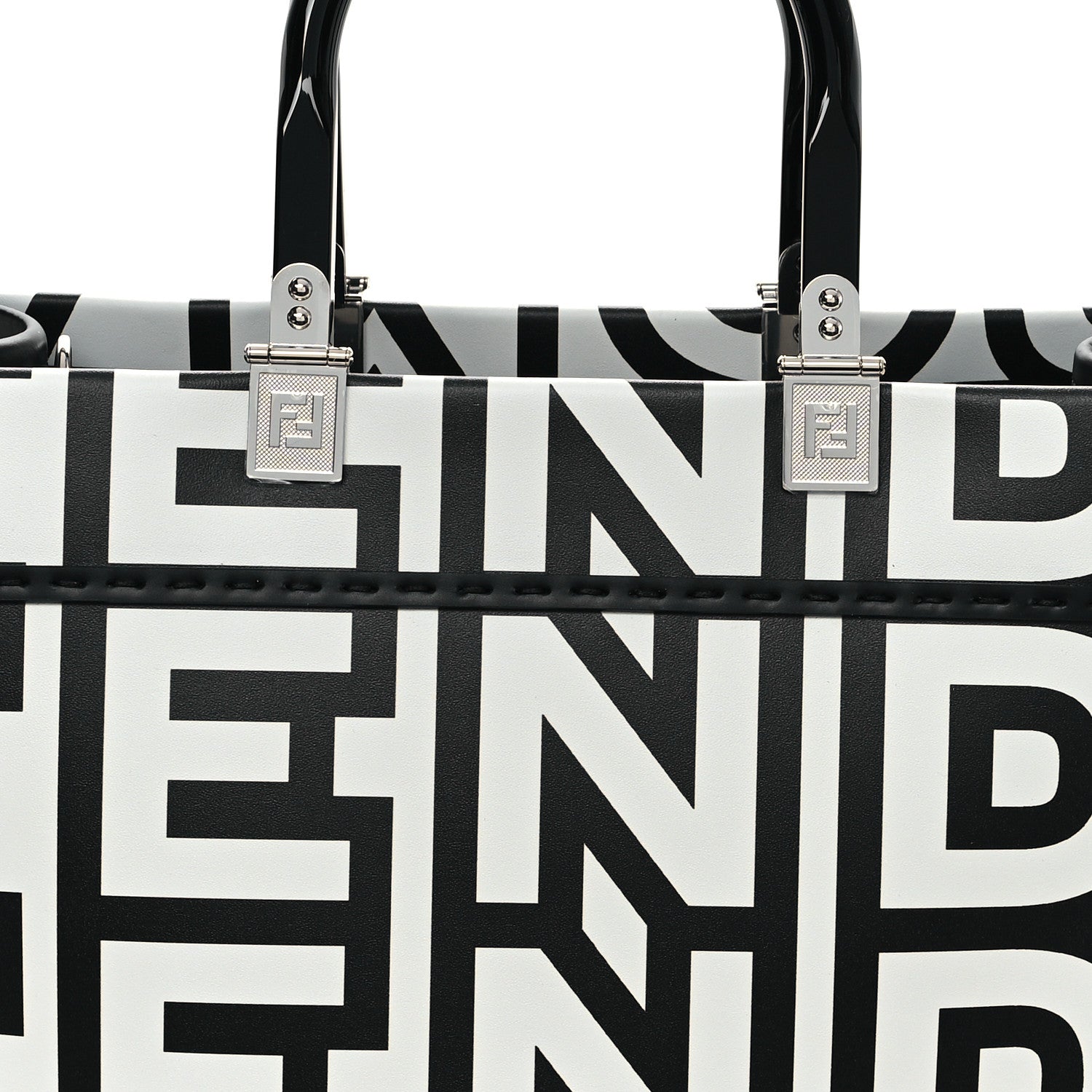 Fendi X MARC JACOBS Vitello King Logo Print Medium Fendi Sunshine Shopper Tote Black White 8 of 10