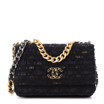 Chanel Tweed Quilted Chanel 19 Wallet On Chain WOC Black Navy Gold 1 of 10