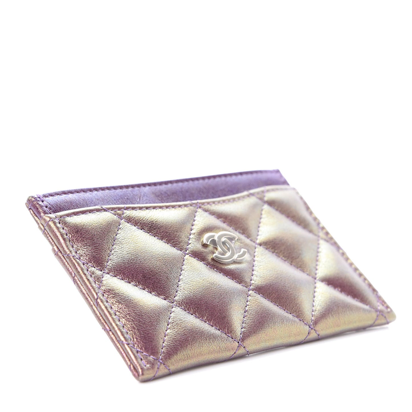 Iridescent Lambskin Quilted Card Holder Purple
