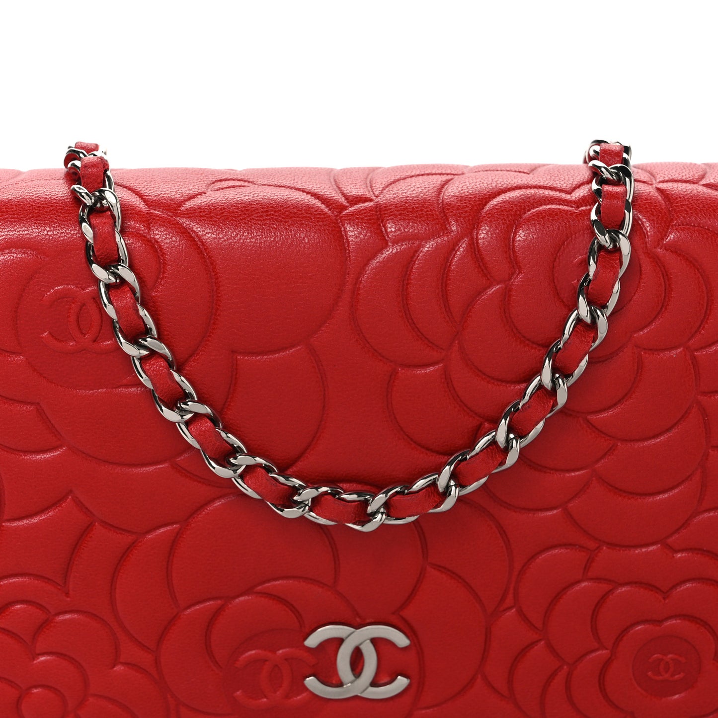 Lambskin Camellia Embossed Wallet on Chain WOC Red