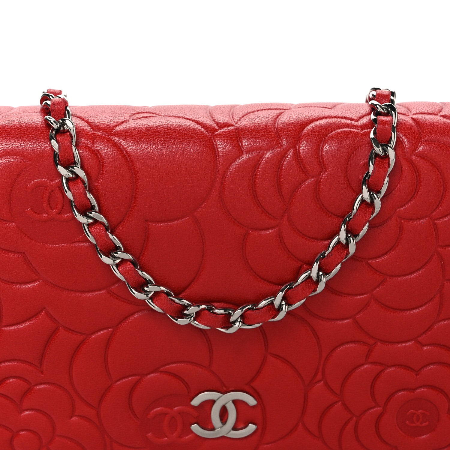 Chanel Lambskin Camellia Embossed Wallet on Chain WOC Red 8 of 10