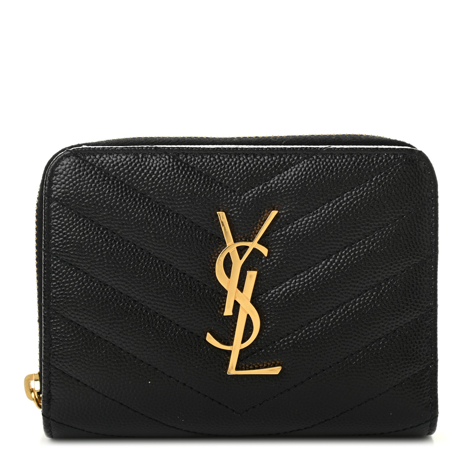 Saint Laurent Grain De Poudre Matelasse Chevron Monogram Compact Zip Around Wallet Black 1 of 8