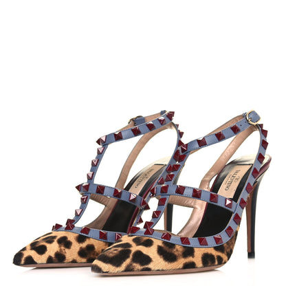 Valentino Garavani Pony Hair Leopard Print Rockstud Ankle Strap Pumps 36 Champagne Testa di Moro 3 of 10