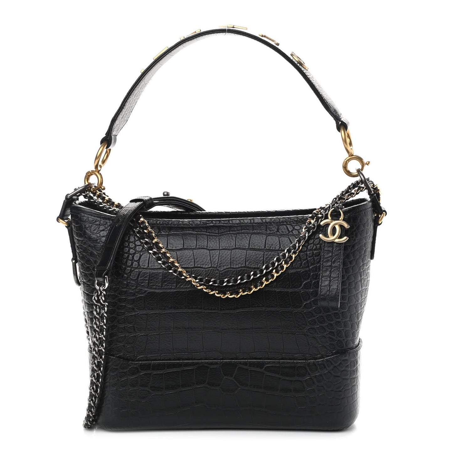 Crocodile Embossed Calfskin Medium Gabrielle Cocodile Hobo Black