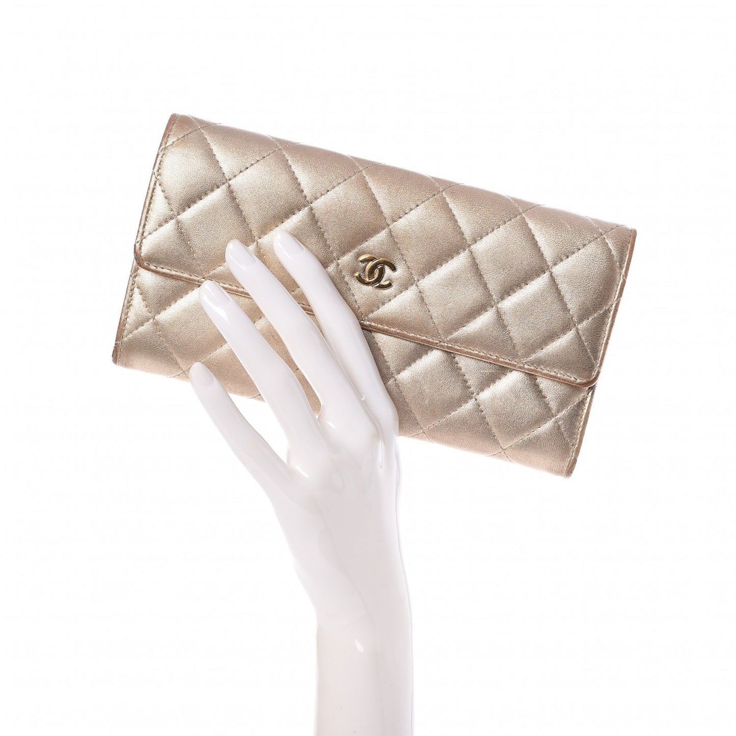 Metallic Lambskin Quilted Large Gusset Flap Wallet Pale Gold