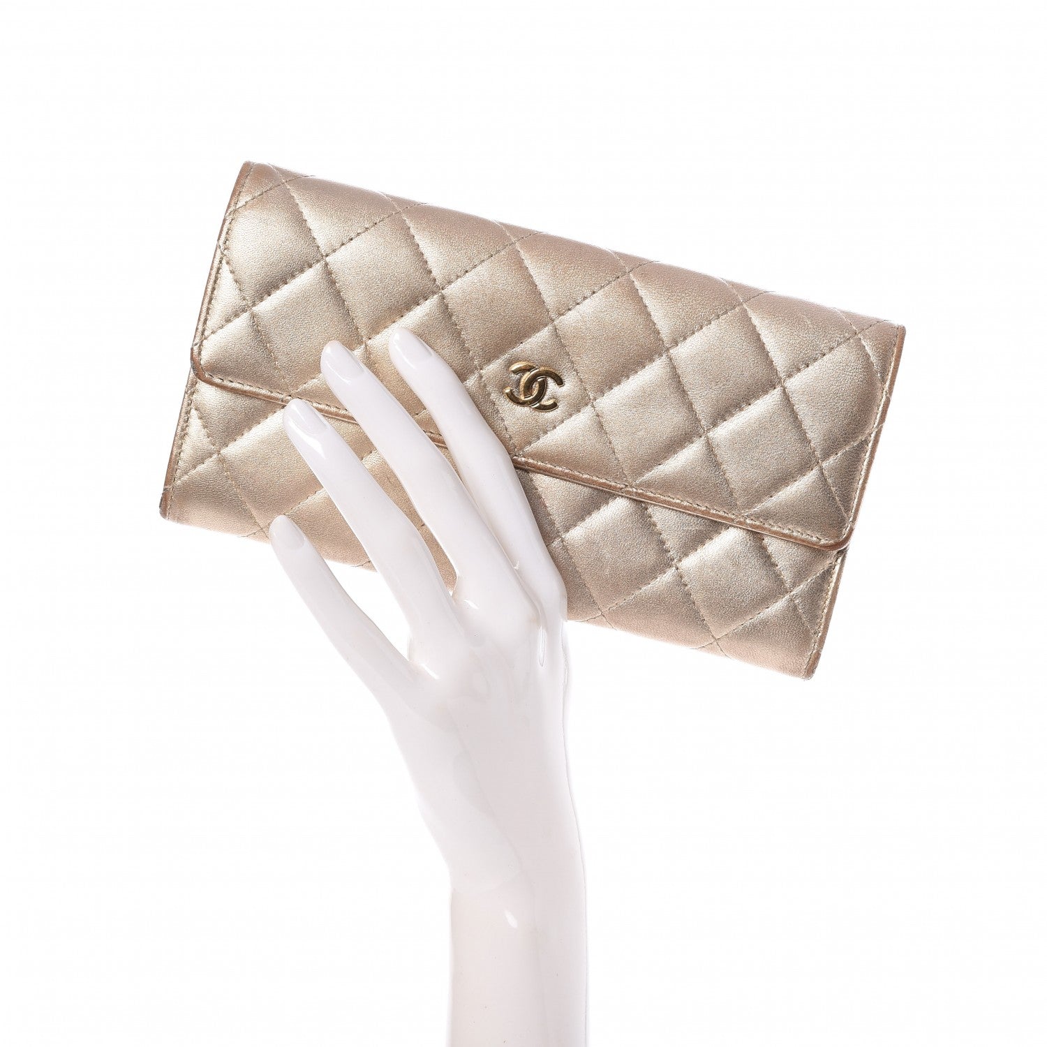 Chanel Metallic Lambskin Quilted Large Gusset Flap Wallet Pale Gold 2 of 10