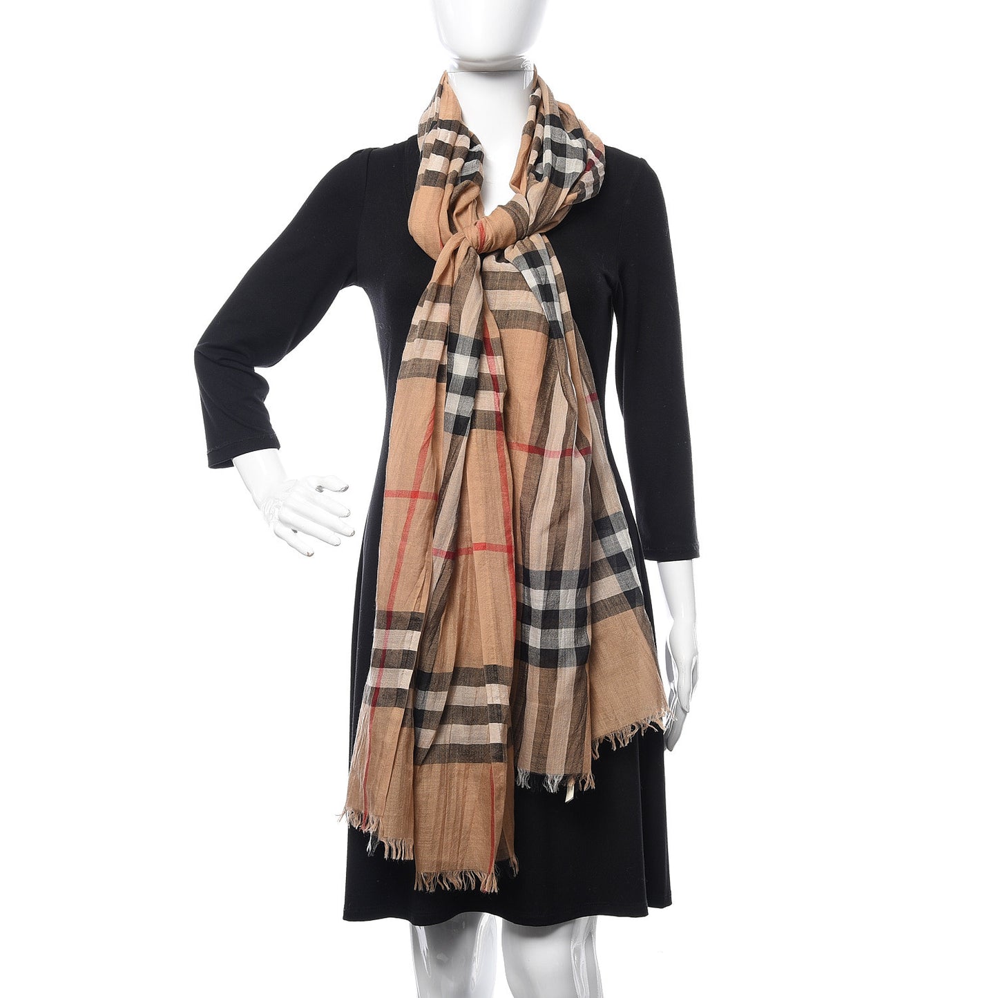 Wool Silk House Check Lightweight Scarf Camel