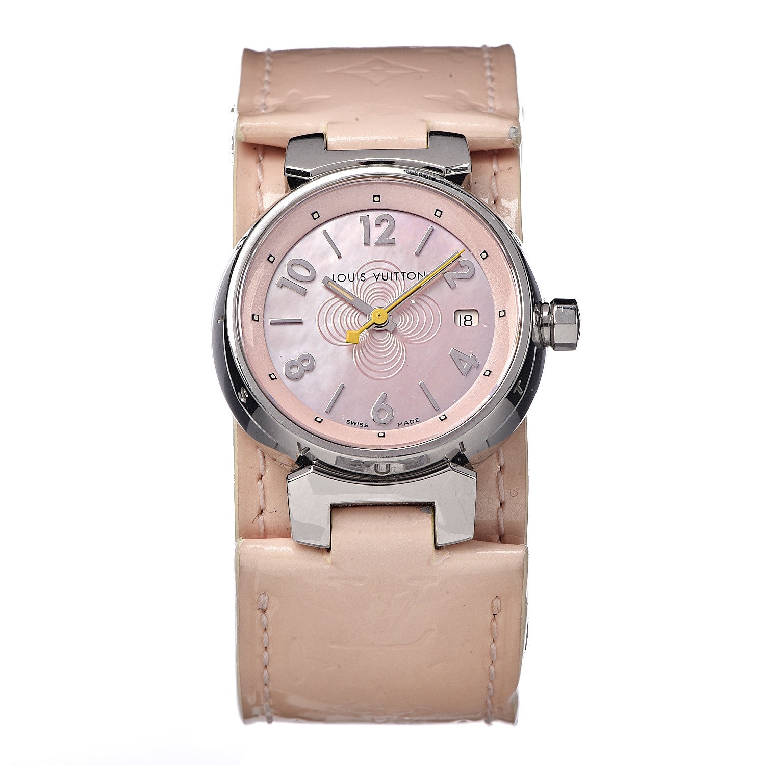 Louis Vuitton Stainless Steel Vernis Pink Mother of Pearl 28mm Tambour Quartz Watch 1 of 8