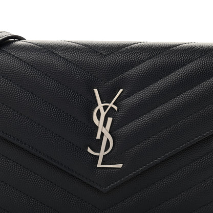 Saint Laurent Grain De Poudre Matelasse Chevron Monogram Envelope Chain Wallet Navy 6 of 9