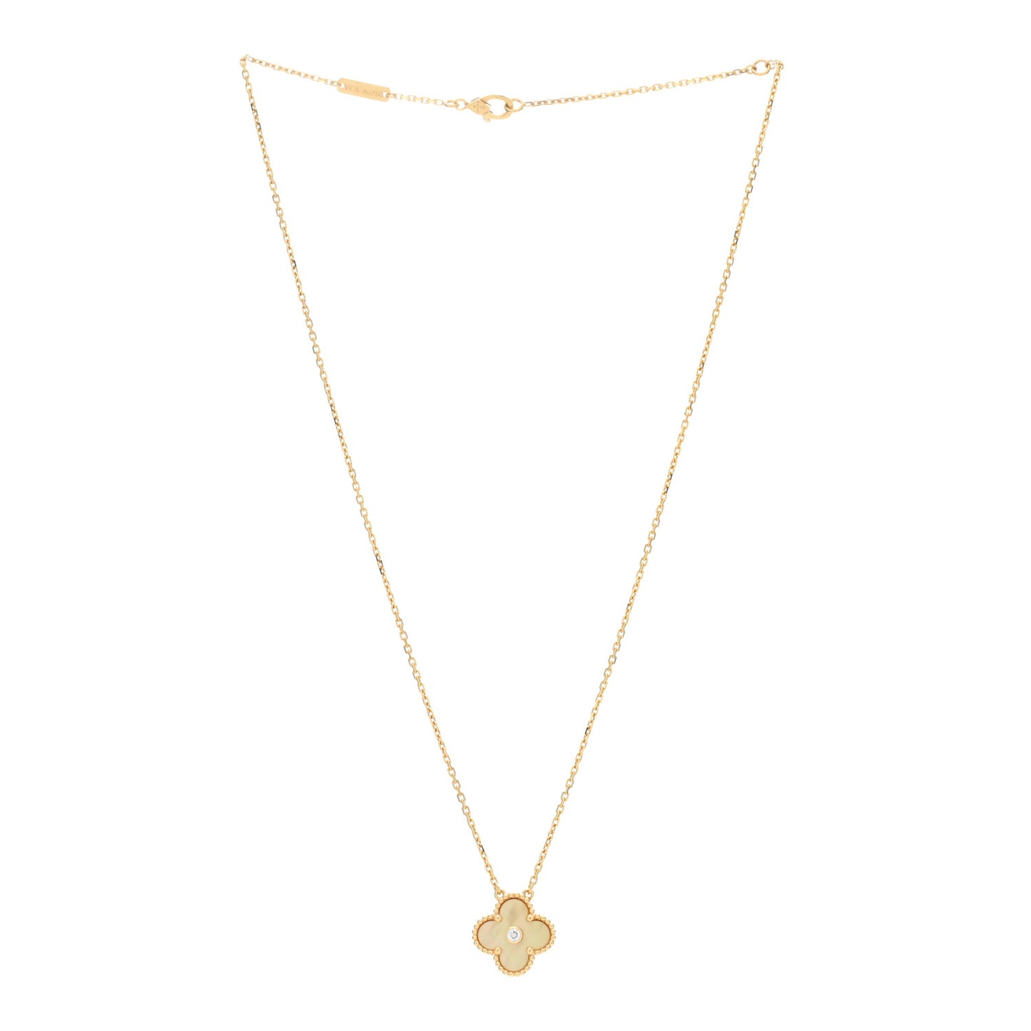 18K Yellow Gold Diamond Yellow Mother of Pearl Vintage Alhambra Pendant Necklace