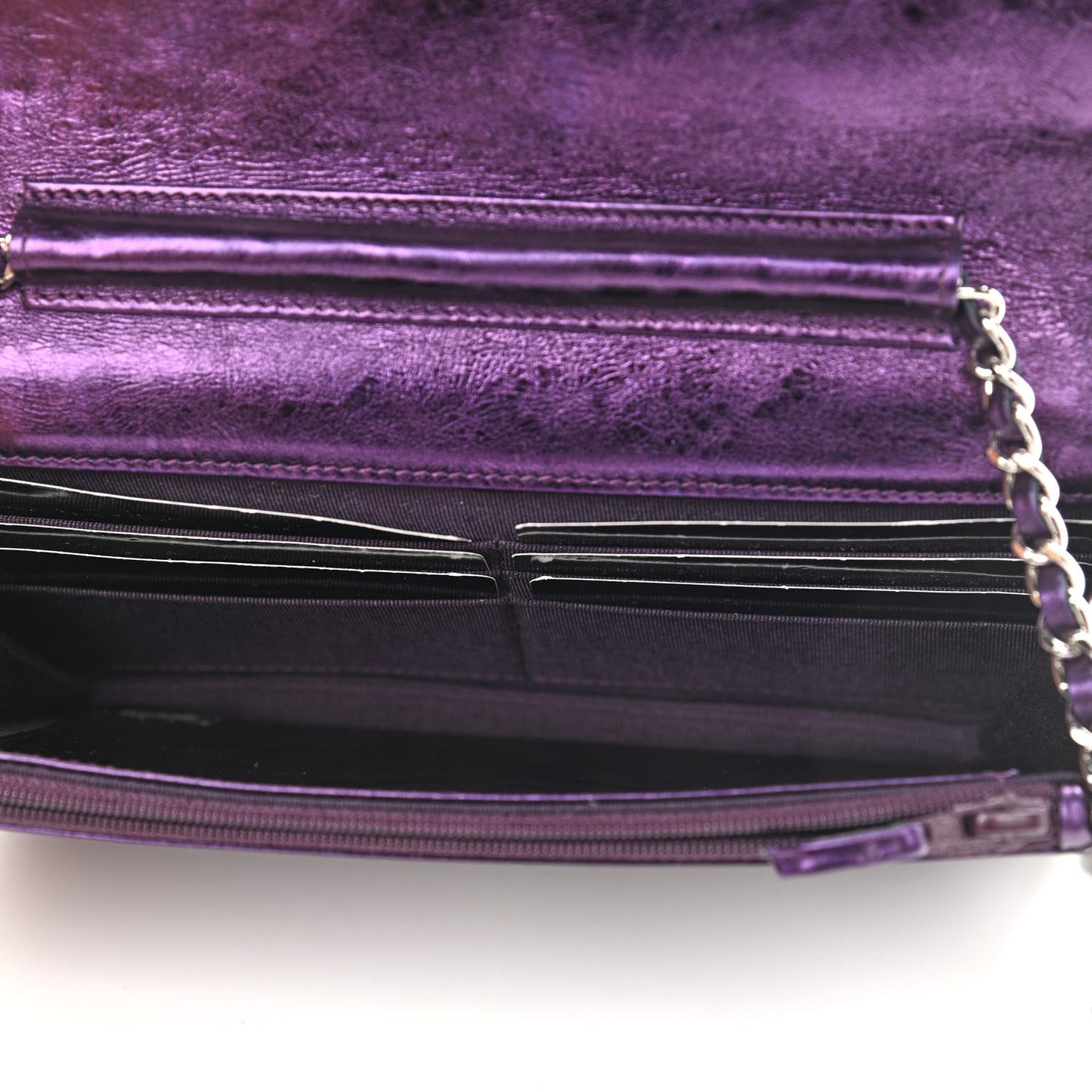 Metallic Aged Calfskin Quilted 2.55 Reissue Wallet on Chain WOC Purple
